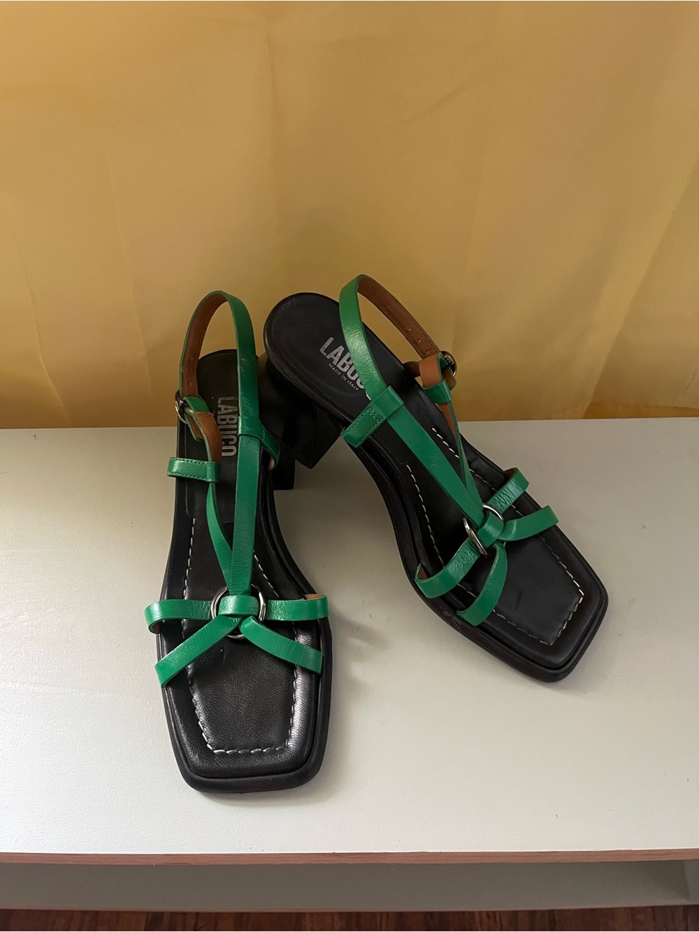 Labucq Green Strappy Square-Toe Mid-Heel Sandals